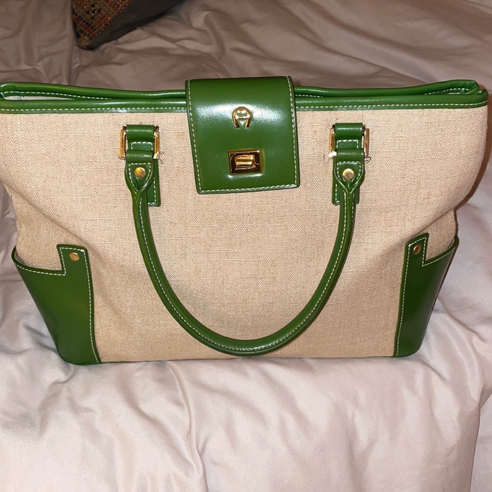 Etienne Aigner canvas bag with green trim. Perfect summer bag. Great condition